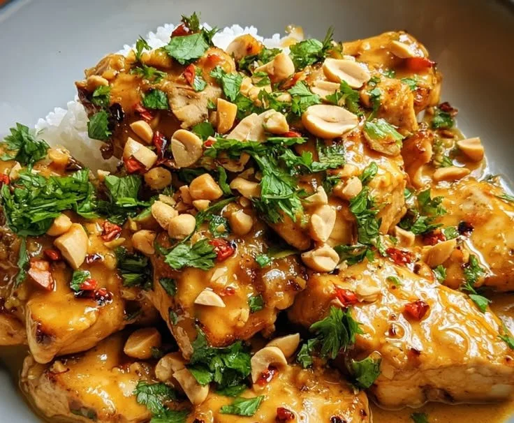 Delicious Thai Peanut Chicken served with vegetables and garnished with peanuts.