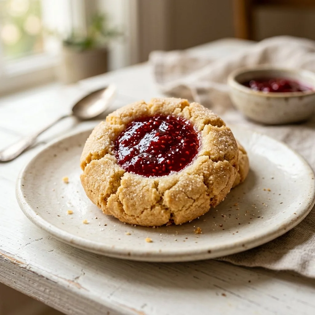 Delicious thumbprint cookies topped with colorful jam fillings on a plate