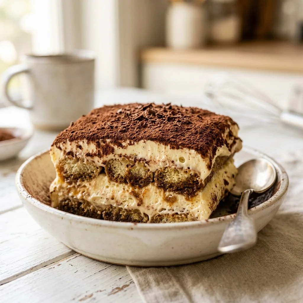 Delicious homemade tiramisu dessert with coffee and cocoa layers