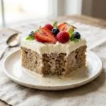 Delicious Tres Leches Cake with a creamy texture and a milk soak.