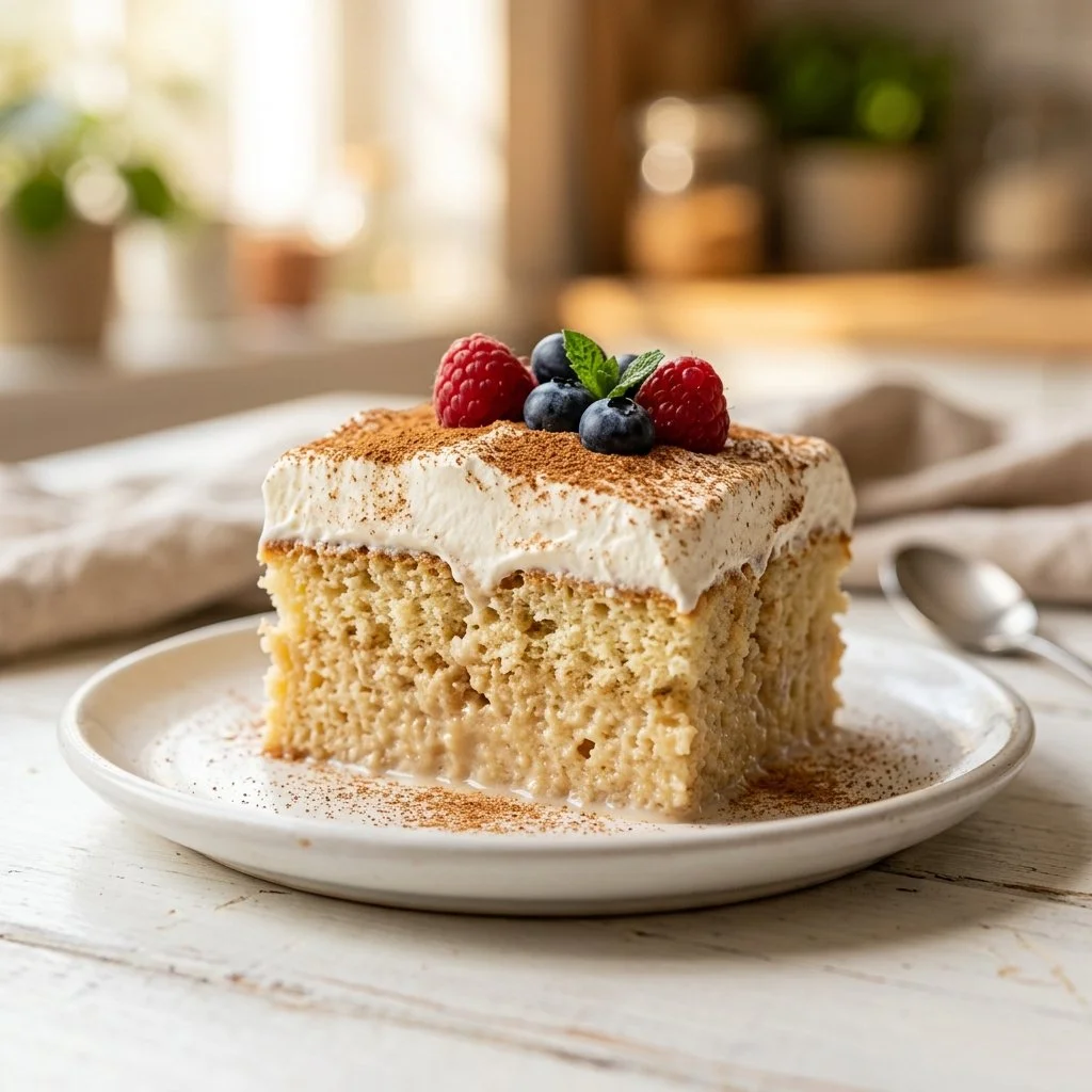 Delicious homemade tres leches cake with whipped cream topping