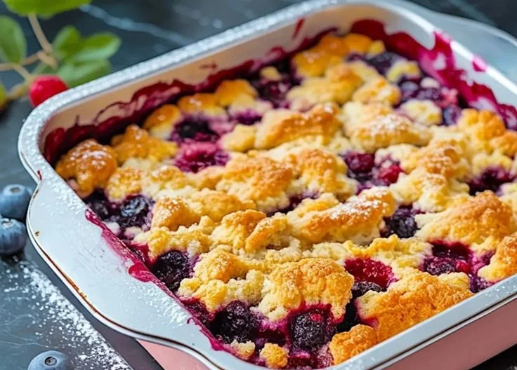 Delicious Triple Berry Dump Cake topped with fresh berries and whipped cream