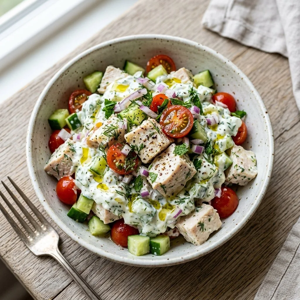 Delicious Tzatziki Chicken Salad with fresh veggies and yogurt dressing