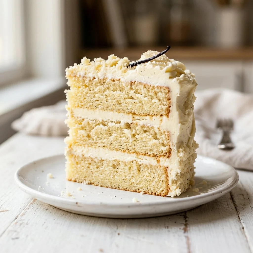 Delicious vanilla cake topped with creamy frosting and fresh berries