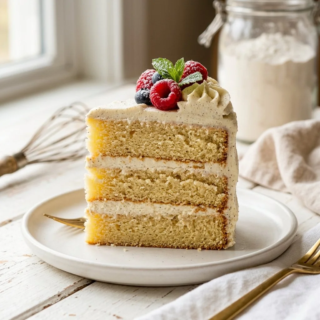 Delicious homemade vanilla cake slice topped with frosting on a plate.