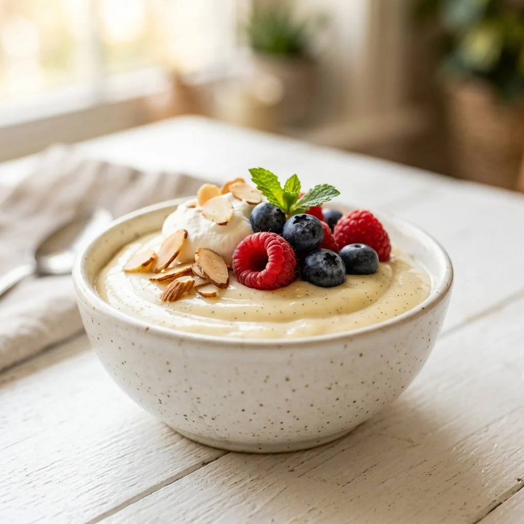 A creamy bowl of homemade vanilla pudding topped with whipped cream and vanilla beans.