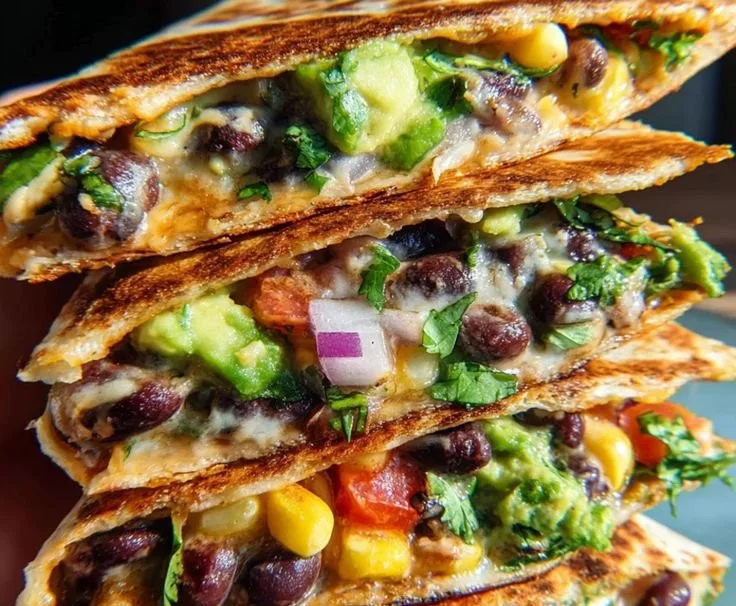 Delicious vegan quesadillas filled with black beans and avocado on a plate