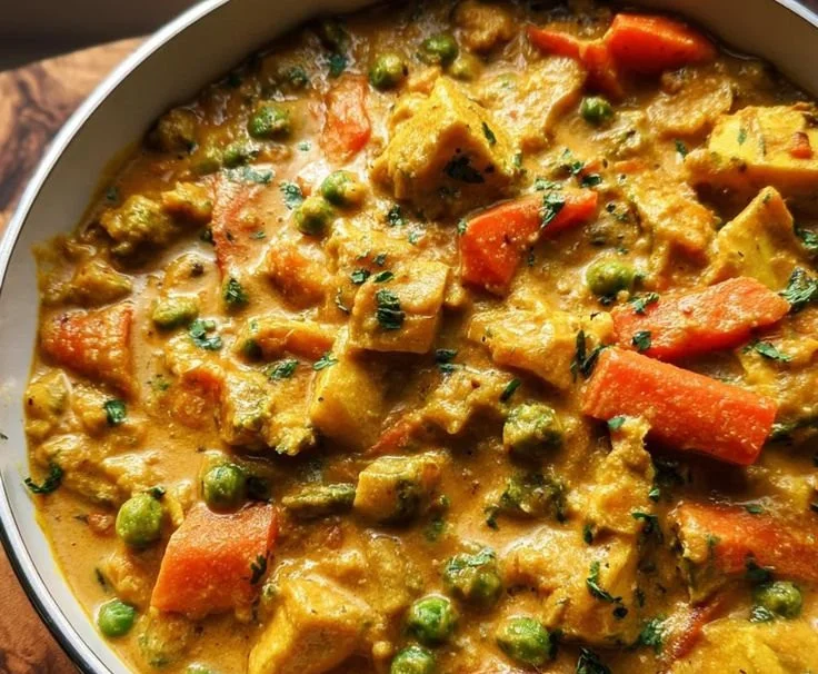 A colorful bowl of Vegetarian Korma with assorted vegetables and spices