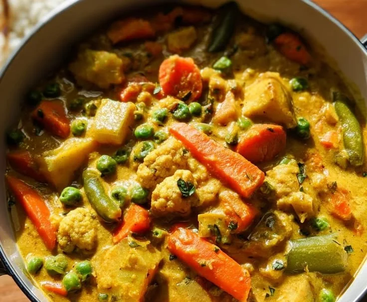 Delicious Vegetarian Korma served in a bowl, loaded with fresh vegetables and spices.
