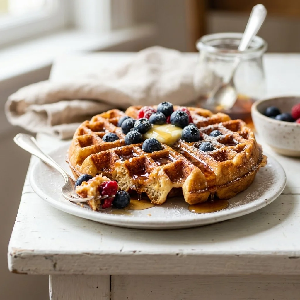Delicious homemade waffles served with syrup and berries.