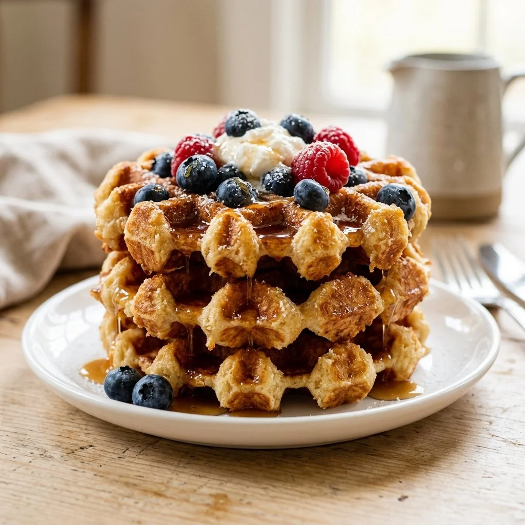 Delicious homemade waffles topped with fresh fruit and syrup