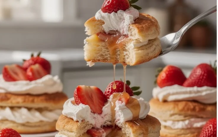 Delicious warm strawberry biscuit stacks served on a plate with fresh strawberries.