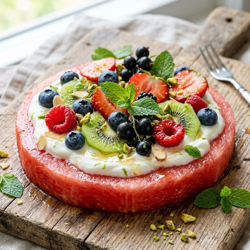 Sliced watermelon pizza topped with fresh fruits and mint