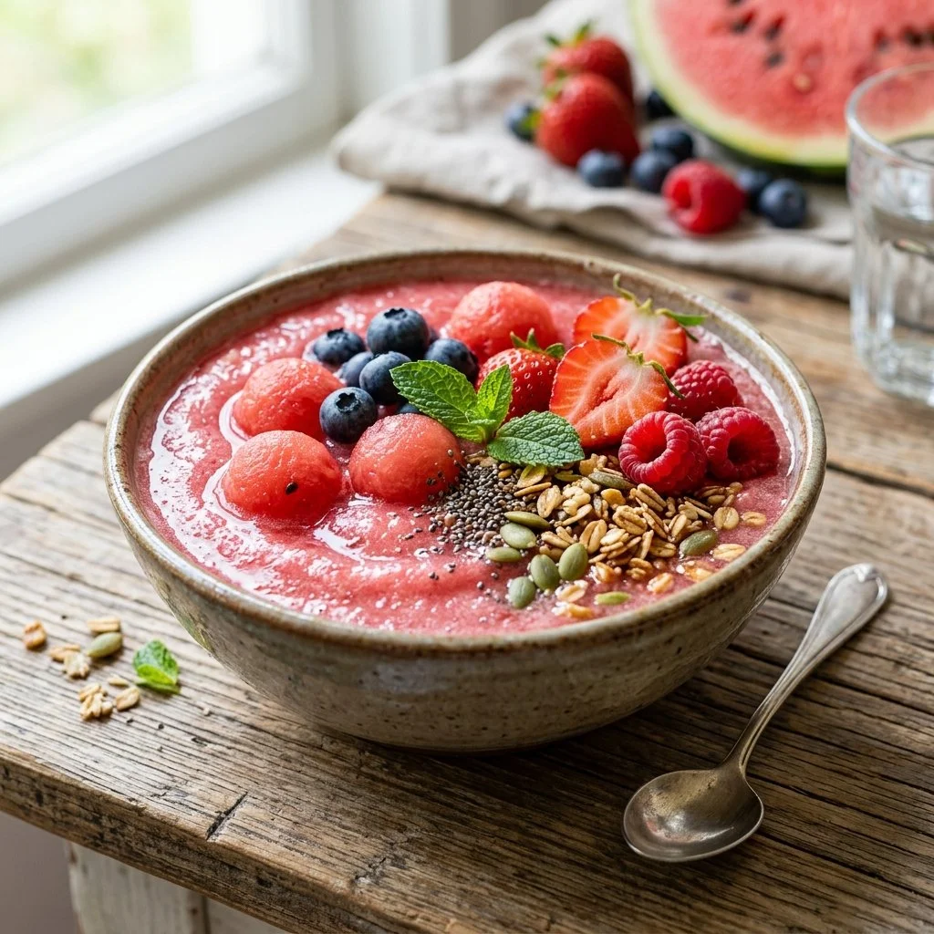 A vibrant watermelon smoothie bowl topped with fresh fruits and seeds