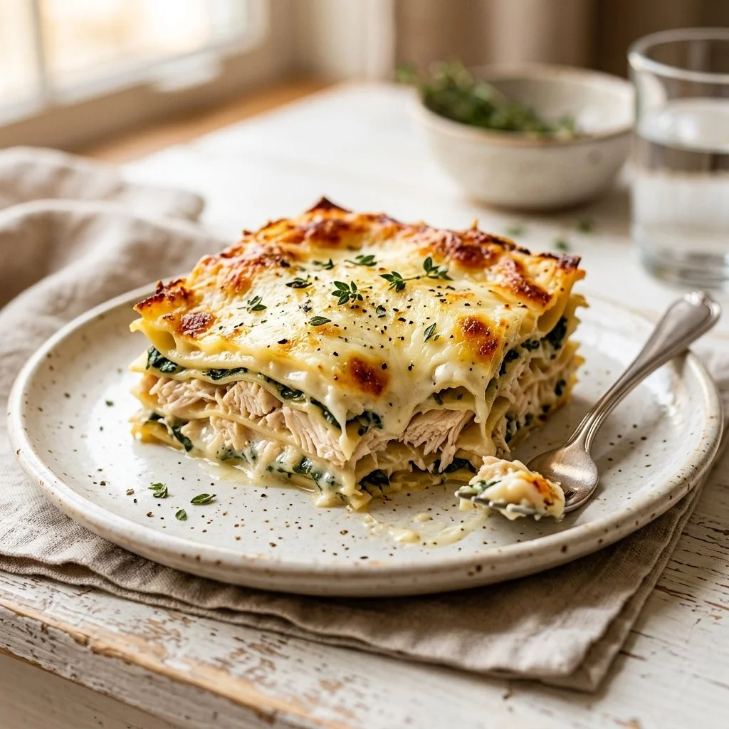 Baked white chicken lasagna topped with cheese and herbs