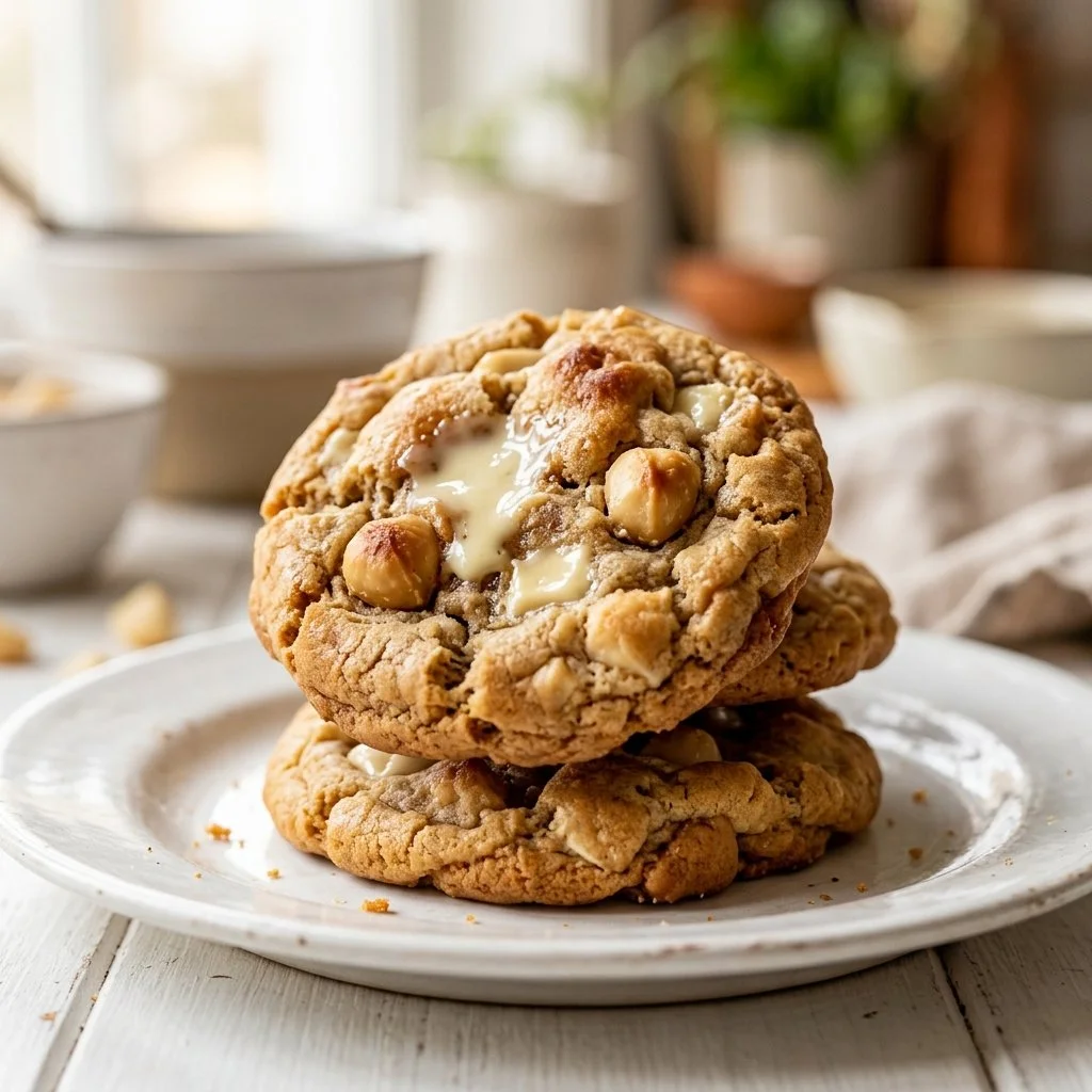 Delicious white chocolate macadamia cookies on a wooden plate