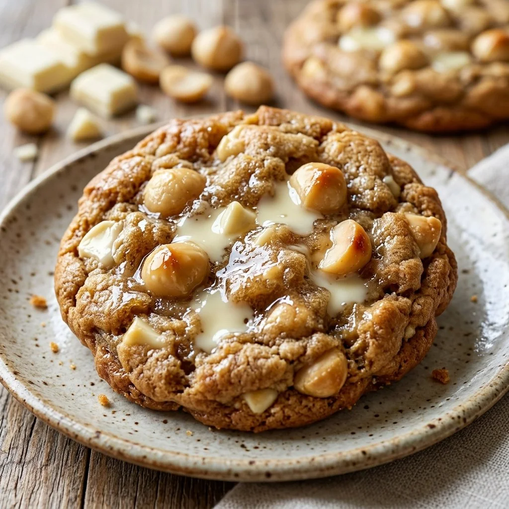 Freshly baked white chocolate macadamia nut cookies on a cooling rack.