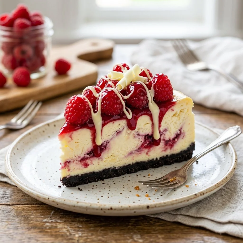 White chocolate raspberry cheesecake slice topped with fresh raspberries