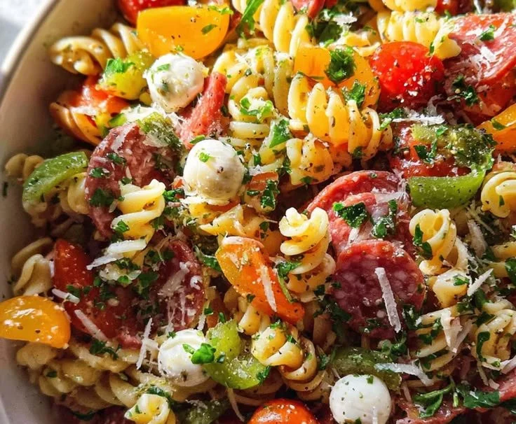 A colorful bowl of zesty Italian pasta salad with fresh vegetables and herbs
