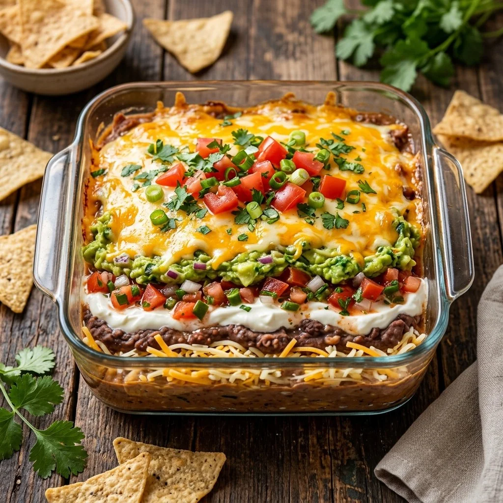Delicious 7 Layer Dip served with tortilla chips