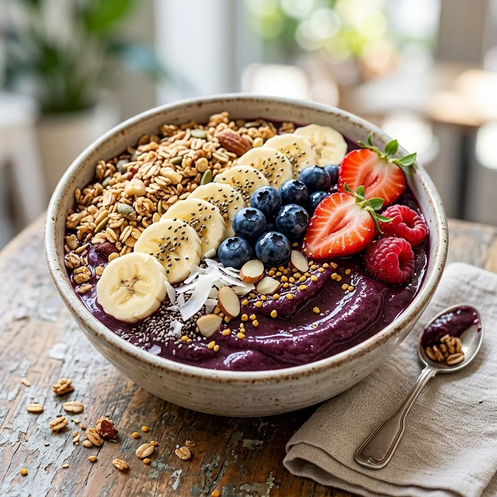 Bowl filled with vibrant acai smoothie topped with fresh fruits and granola