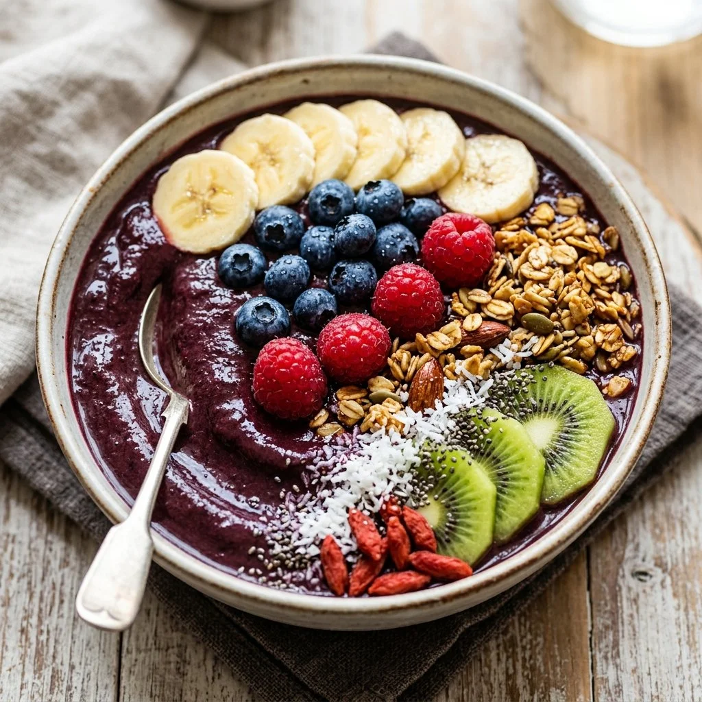 Delicious acai smoothie bowl topped with fruits and granola