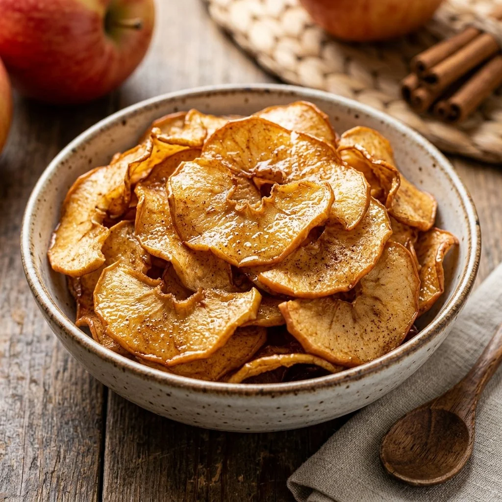 Homemade air fryer apple chips served in a bowl