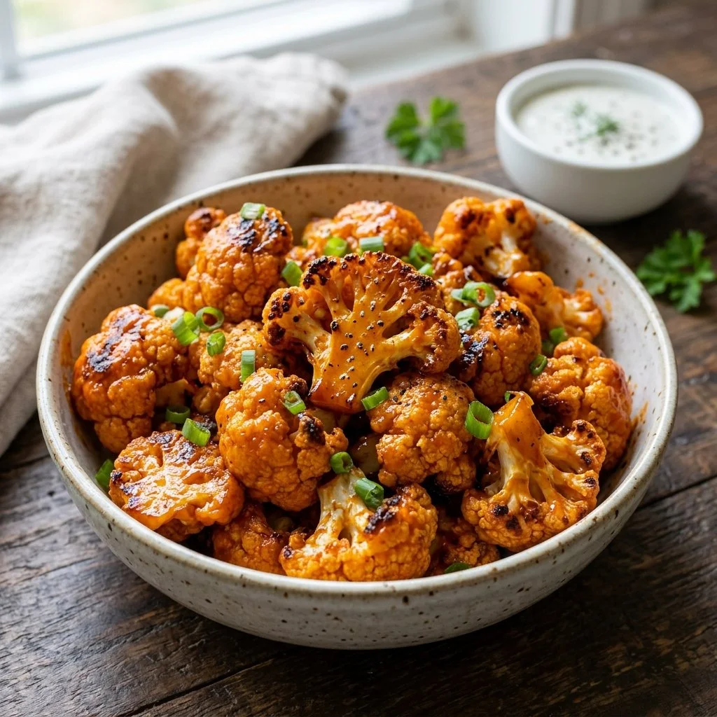 Crispy air fryer buffalo cauliflower served on a plate with dipping sauce