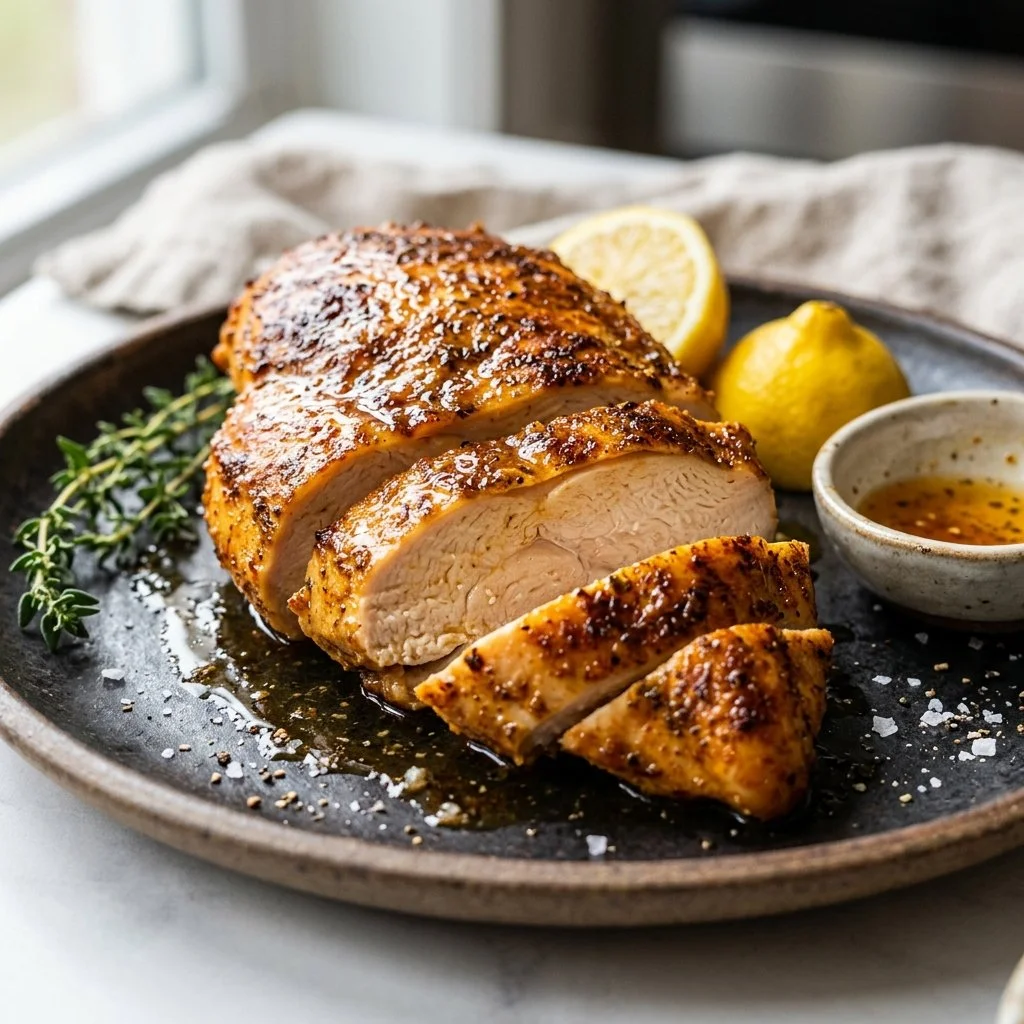 Perfectly cooked air fryer chicken breast served with vegetables