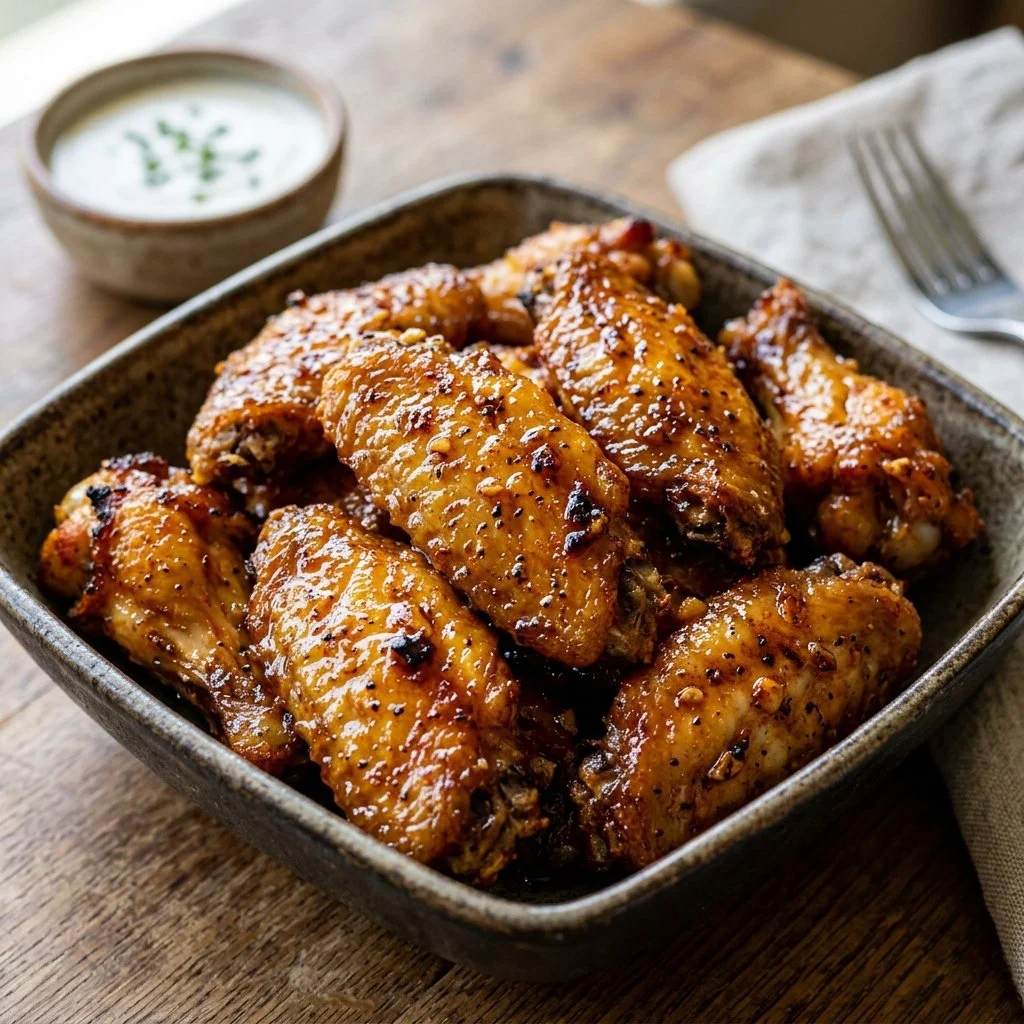 Delicious air fryer chicken wings served on a plate with dipping sauce