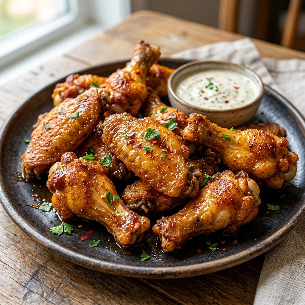 Delicious air fryer chicken wings served with dipping sauce
