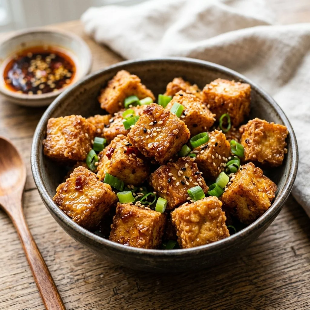 Crispy tofu cubes cooked in an air fryer, served with dipping sauce