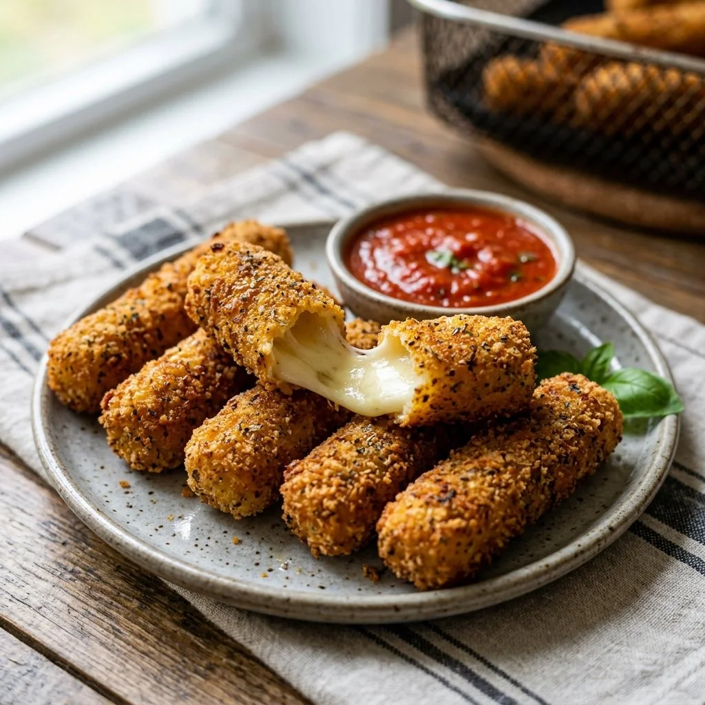 Crispy air fryer mozzarella sticks with gooey cheese inside
