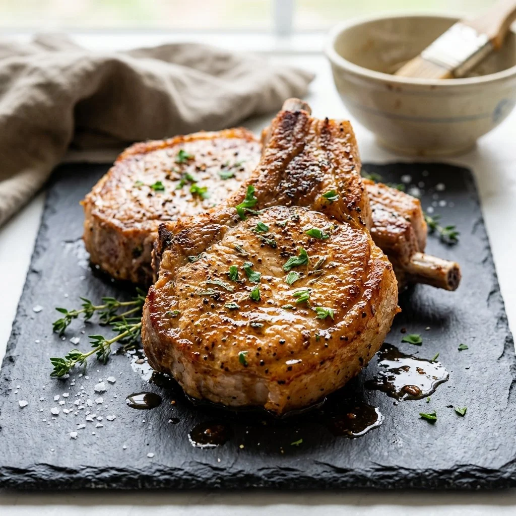 Air fryer pork chops freshly cooked and served on a plate