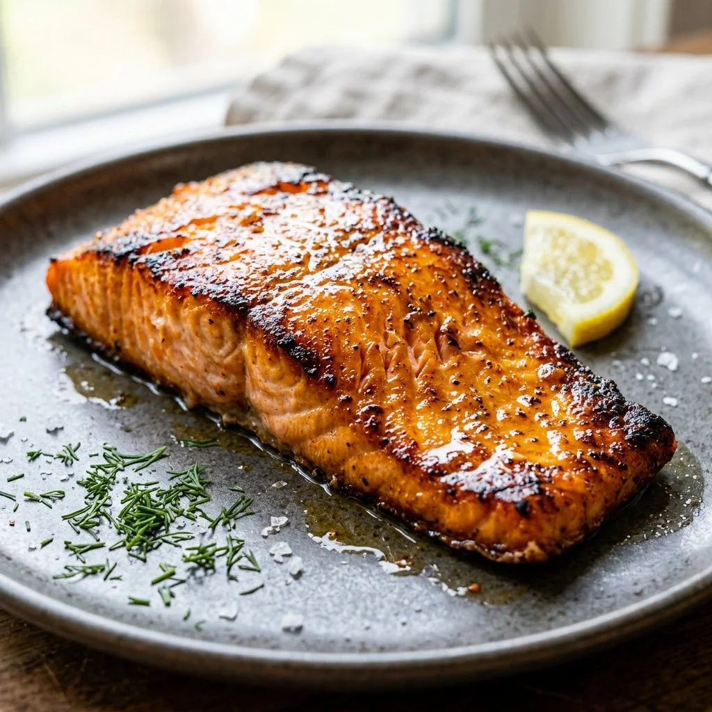 Crispy air fryer salmon served with vegetables on a plate