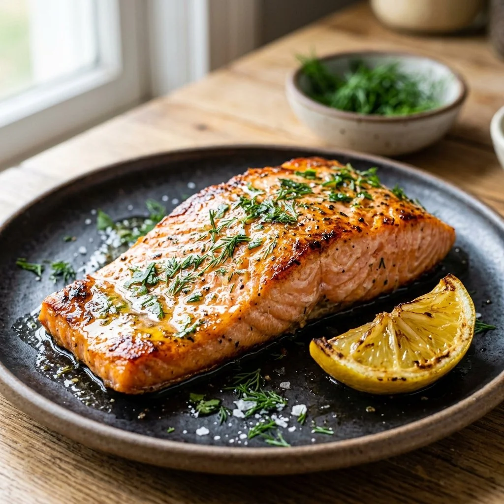 Perfectly cooked air fryer salmon garnished with herbs and lemon