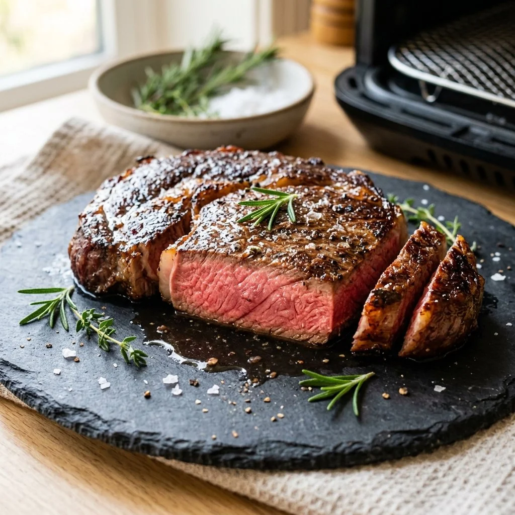 Juicy air fryer steak served with sides, showcasing a perfectly cooked meal.