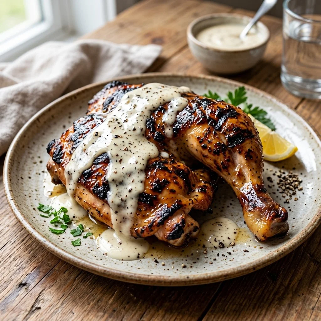 Plate of Alabama White Sauce Chicken garnished with herbs and served with sides