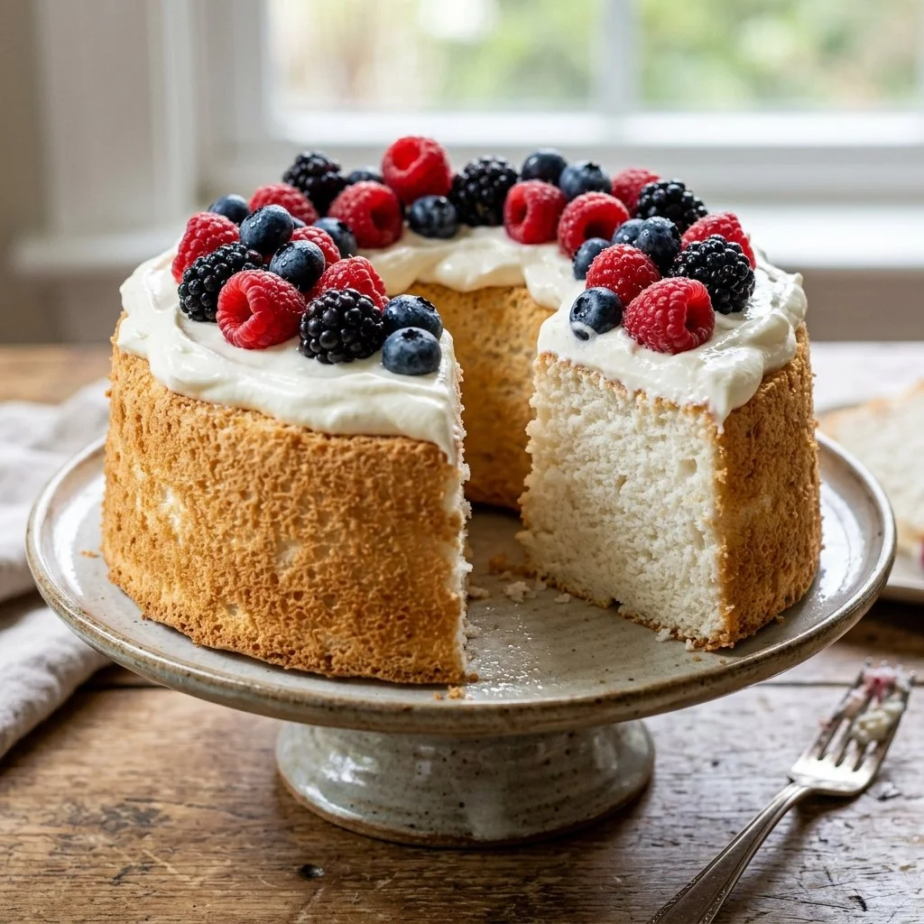 Delicious slice of angel food cake with berries and whipped cream