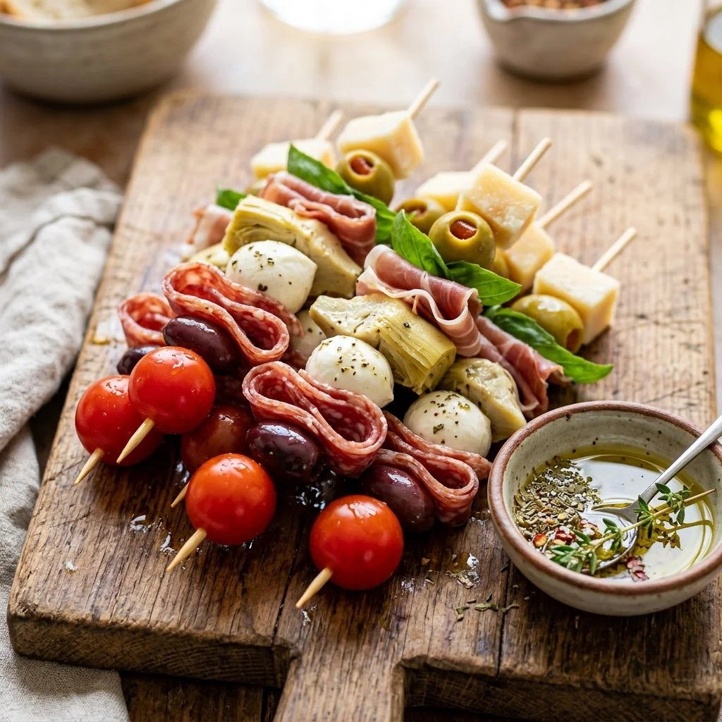 Colorful antipasto skewers with meats, cheeses, olives, and vegetables.
