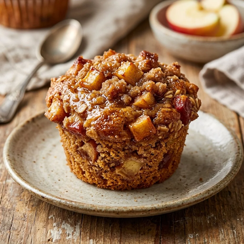 Freshly baked apple cinnamon muffins with chunks of apple and cinnamon