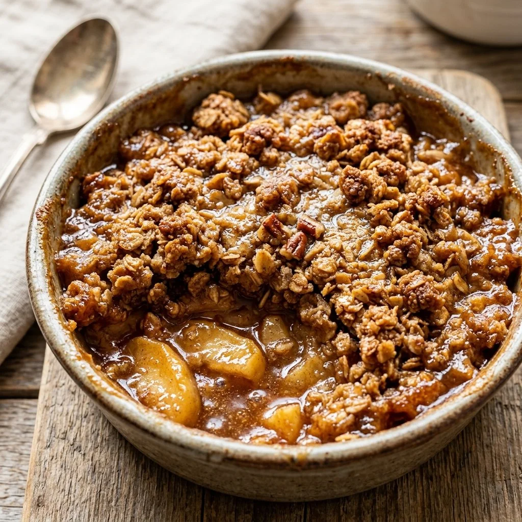 Delicious homemade apple crisp topped with oats and served warm with ice cream