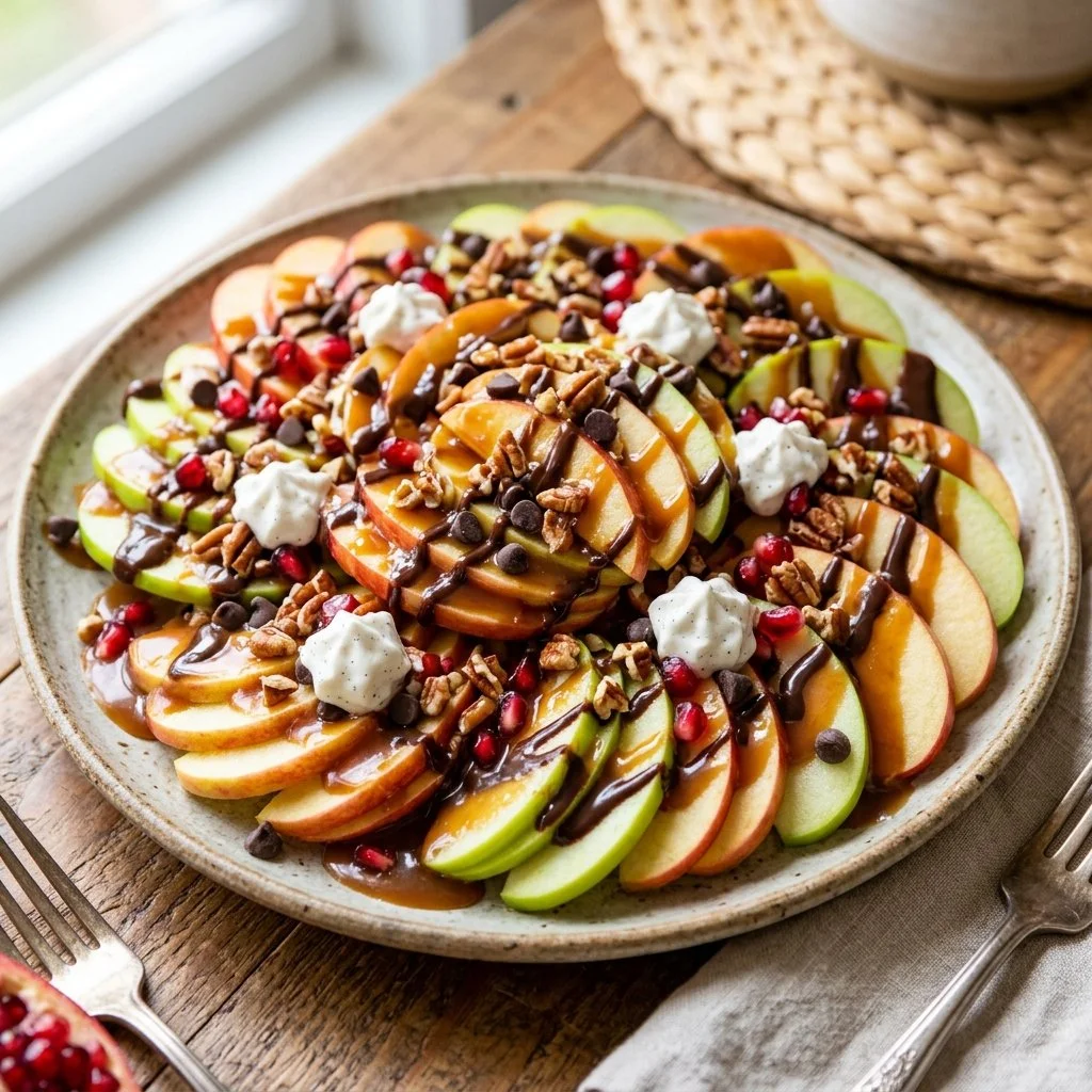 Delicious apple nachos with caramel drizzle and toppings