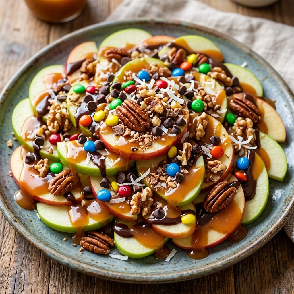 Delicious Apple Nachos topped with caramel, nuts, and chocolate drizzle.