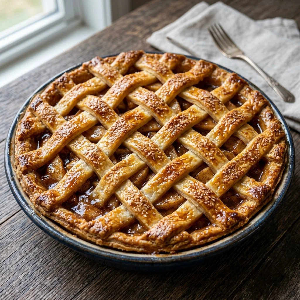 Classic homemade apple pie with flaky crust and cinnamon filling