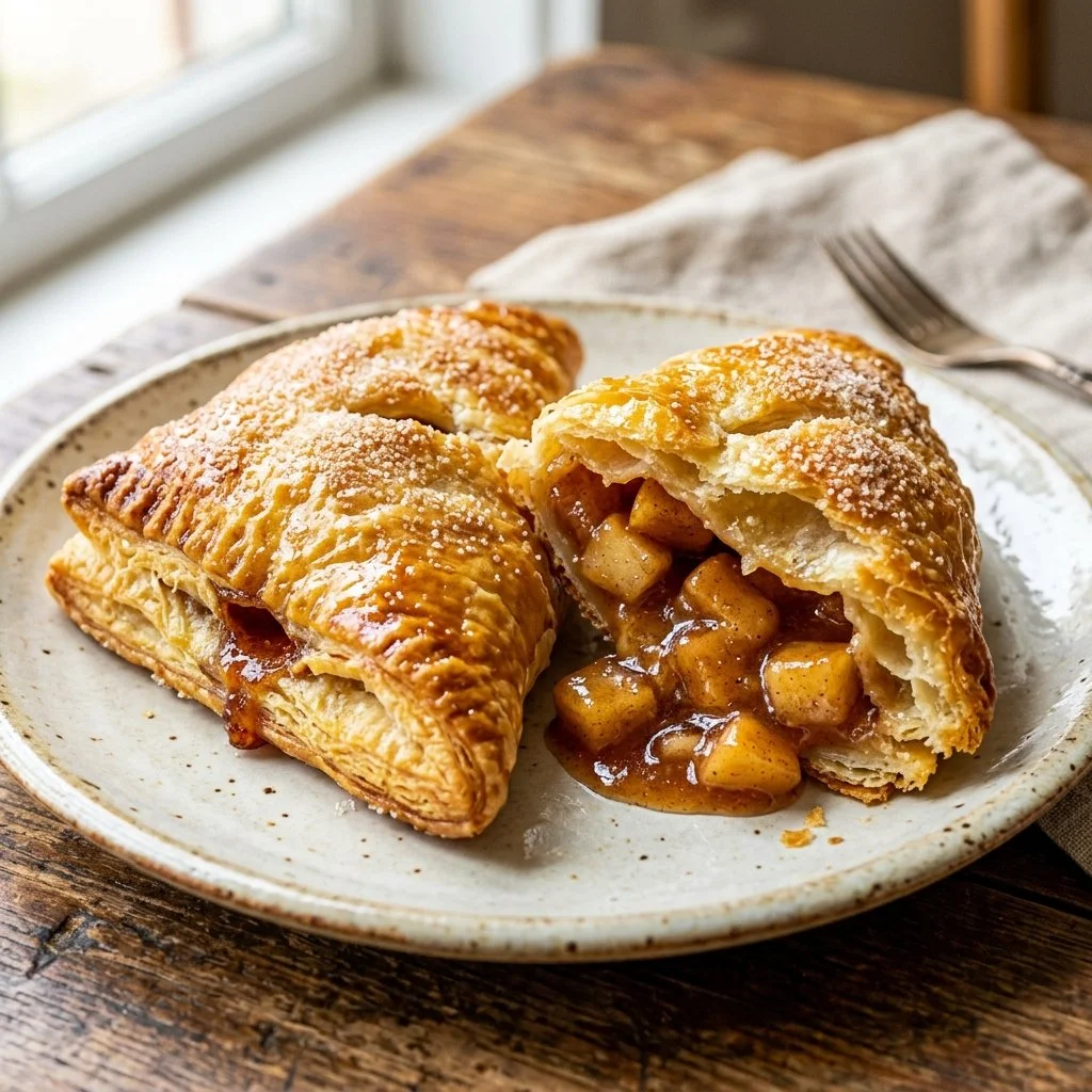 Freshly baked apple turnovers with flakey crust and apple filling