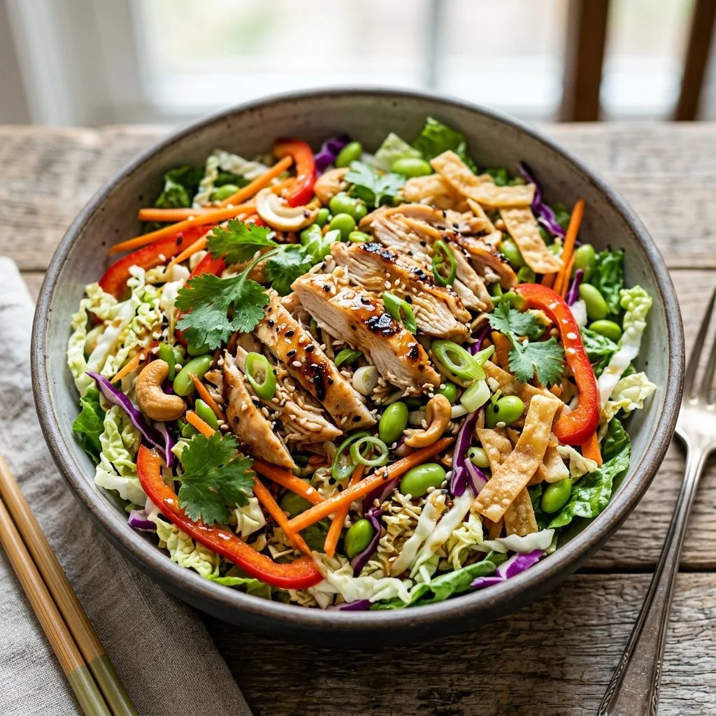 Delicious Asian Chicken Salad with colorful vegetables and sesame dressing