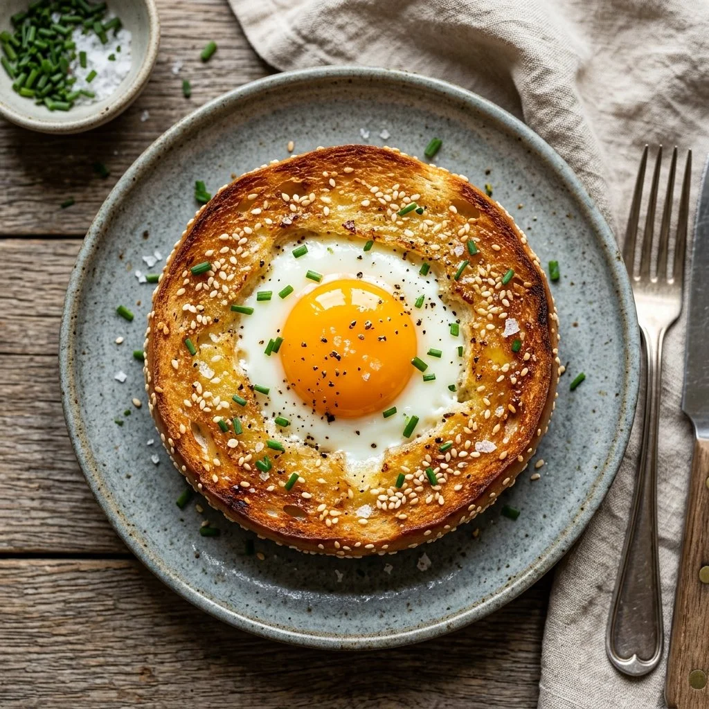 Bagel Egg in a Hole breakfast dish with a perfectly baked egg in a bagel
