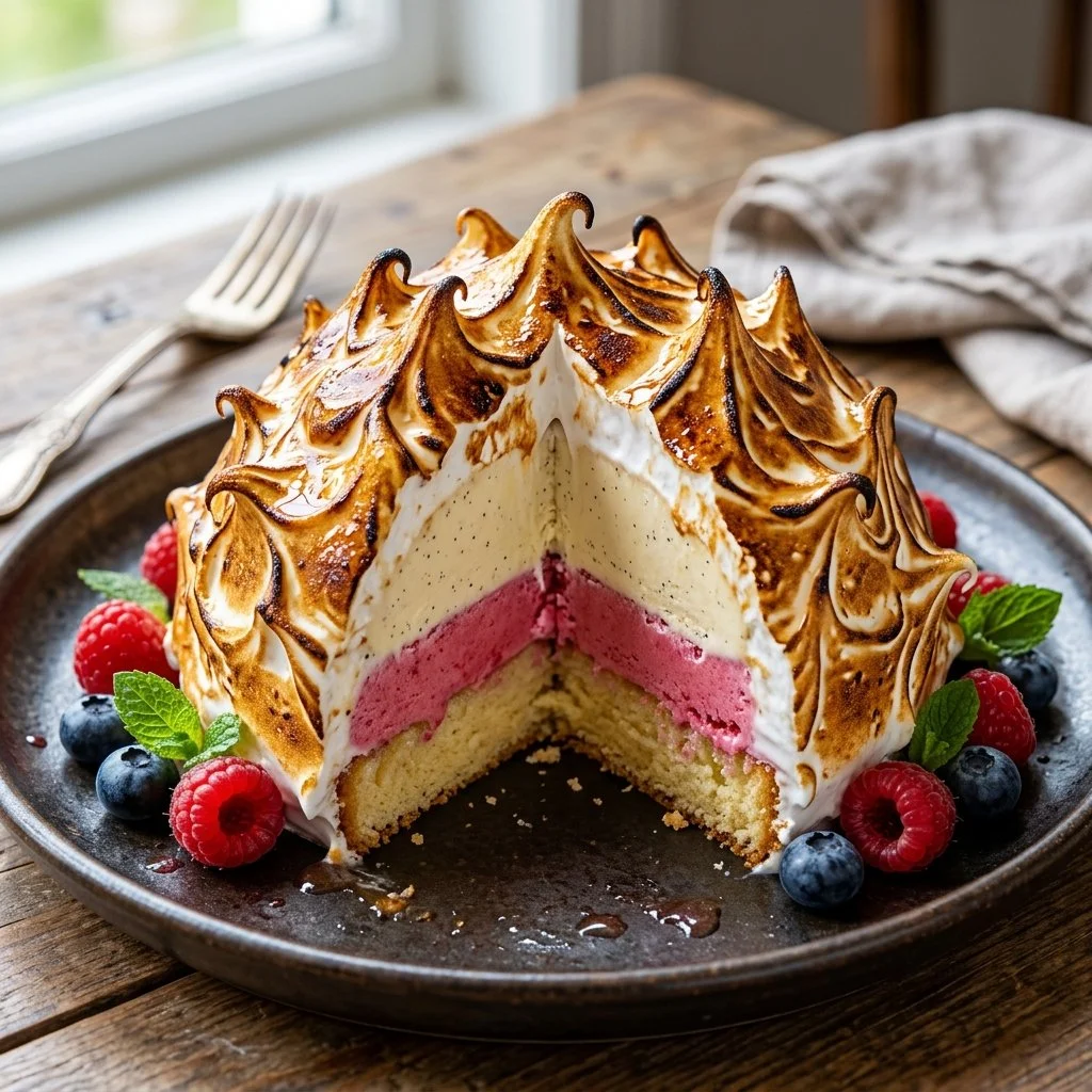 A delicious Baked Alaska dessert with cake, ice cream, and meringue topping.