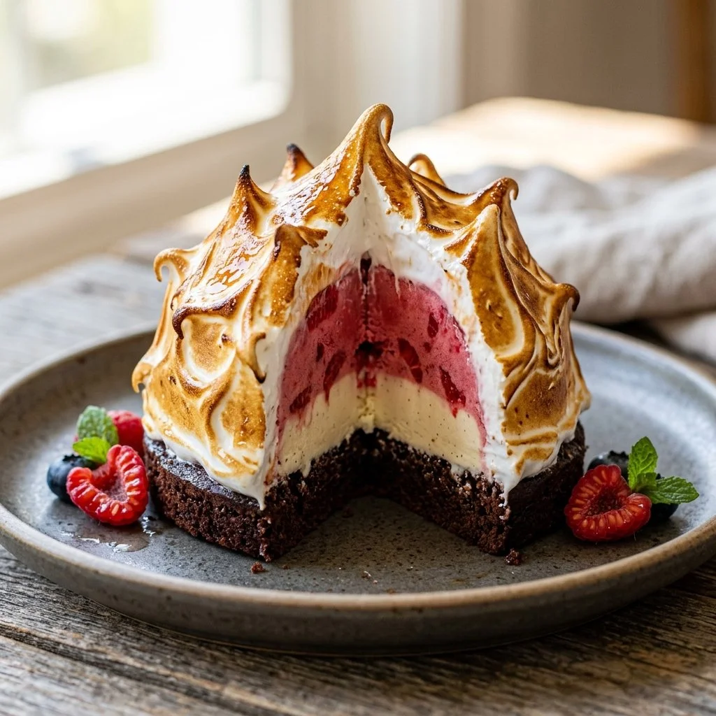 Elegant Baked Alaska dessert with layers of ice cream, cake, and meringue